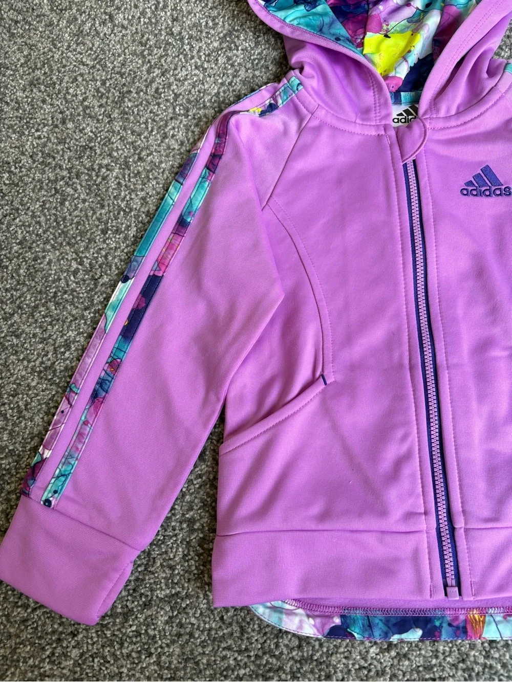 NWT Adidas 2T Girls' Long-Sleeve Full-Zip Purple Tricot Jacket Printed Stripes